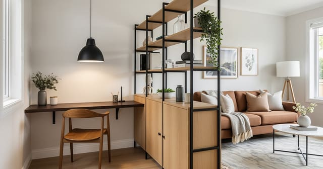 A living room with a corner desk zone defined by a bookcase divider and a pendant light overhead