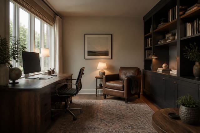 Editorial interior photograph showing home office setup ideas in a real home office, with focused home-office materials, layered warm lighting, functional furniture placement, and a magazine-quality residential composition.