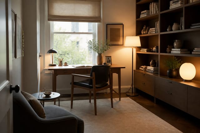 Editorial interior photograph showing home office small space ideas in a real small home office, with focused home-office materials, layered warm lighting, functional furniture placement, and a magazine-quality residential composition.