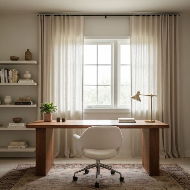 A well-designed home office with a window, plants, and a layered background