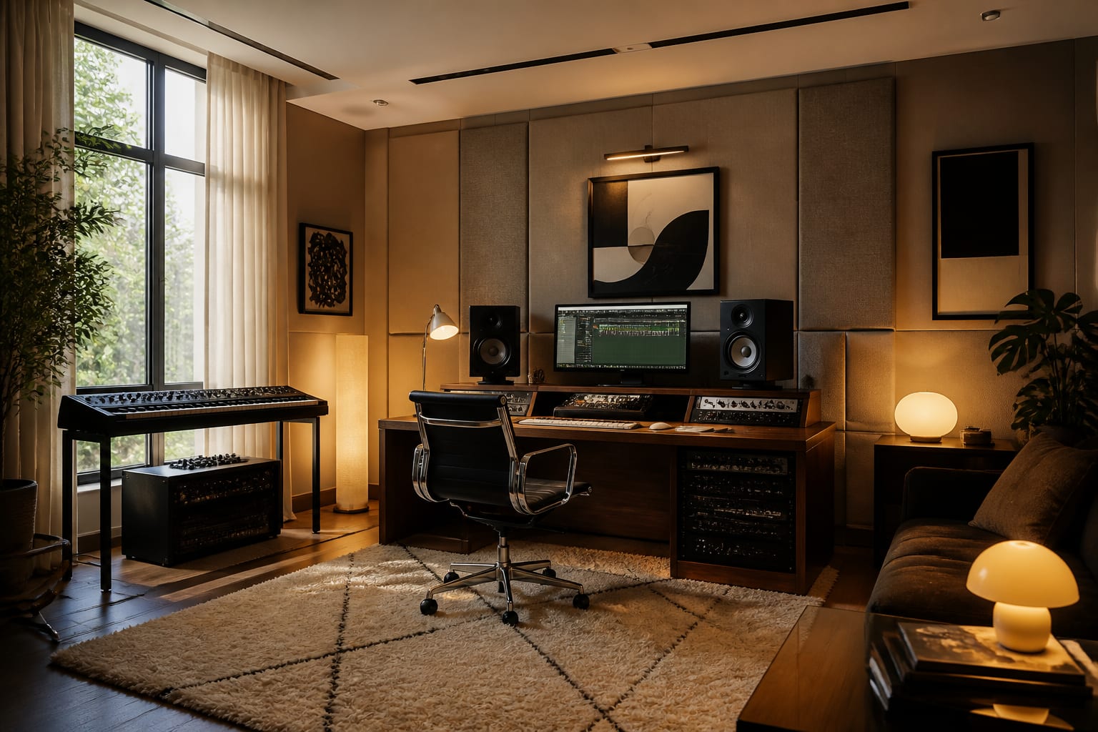 Home Recording Studio Ideas in a home recording studio, shown as a warm editorial Re-Design concept
