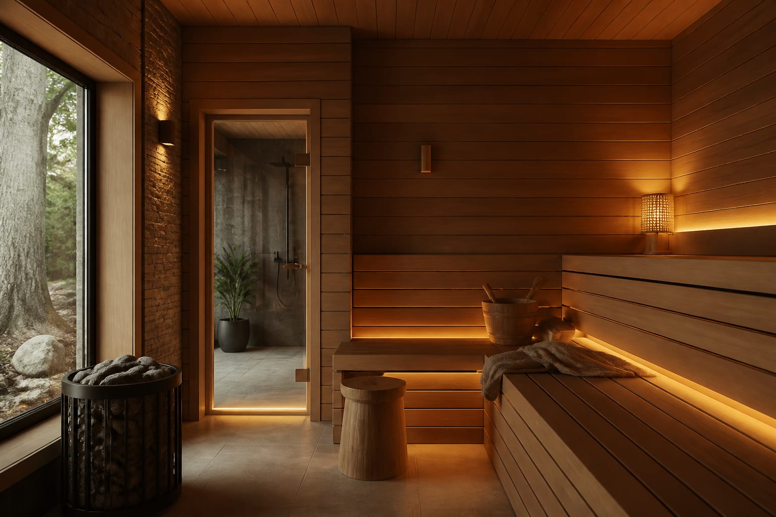 Home Sauna Ideas in a home sauna room, shown as a warm editorial Re-Design concept