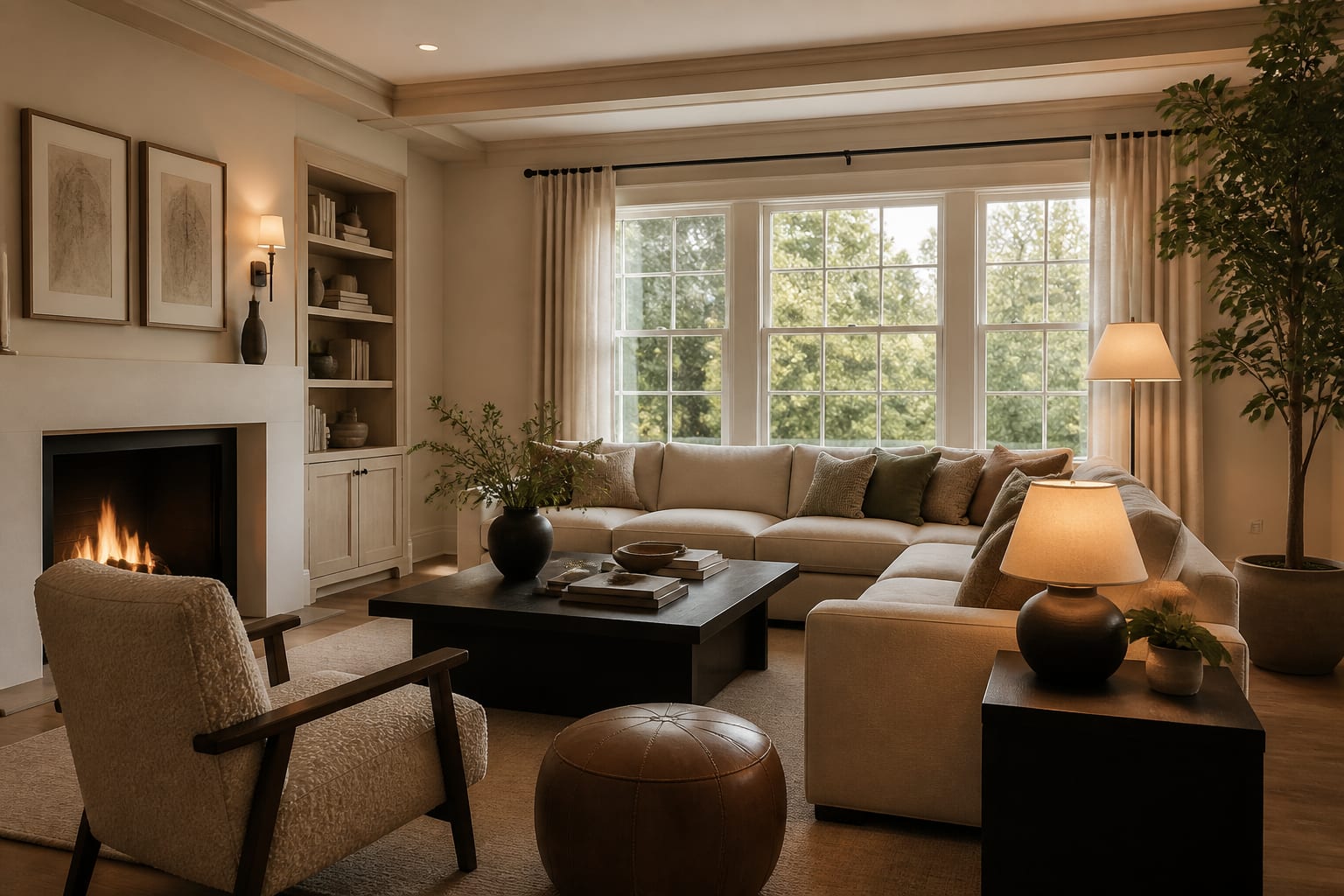 Homestyler AI preview of a warm neutral living room with measured furniture, layered lighting, and realistic window placement