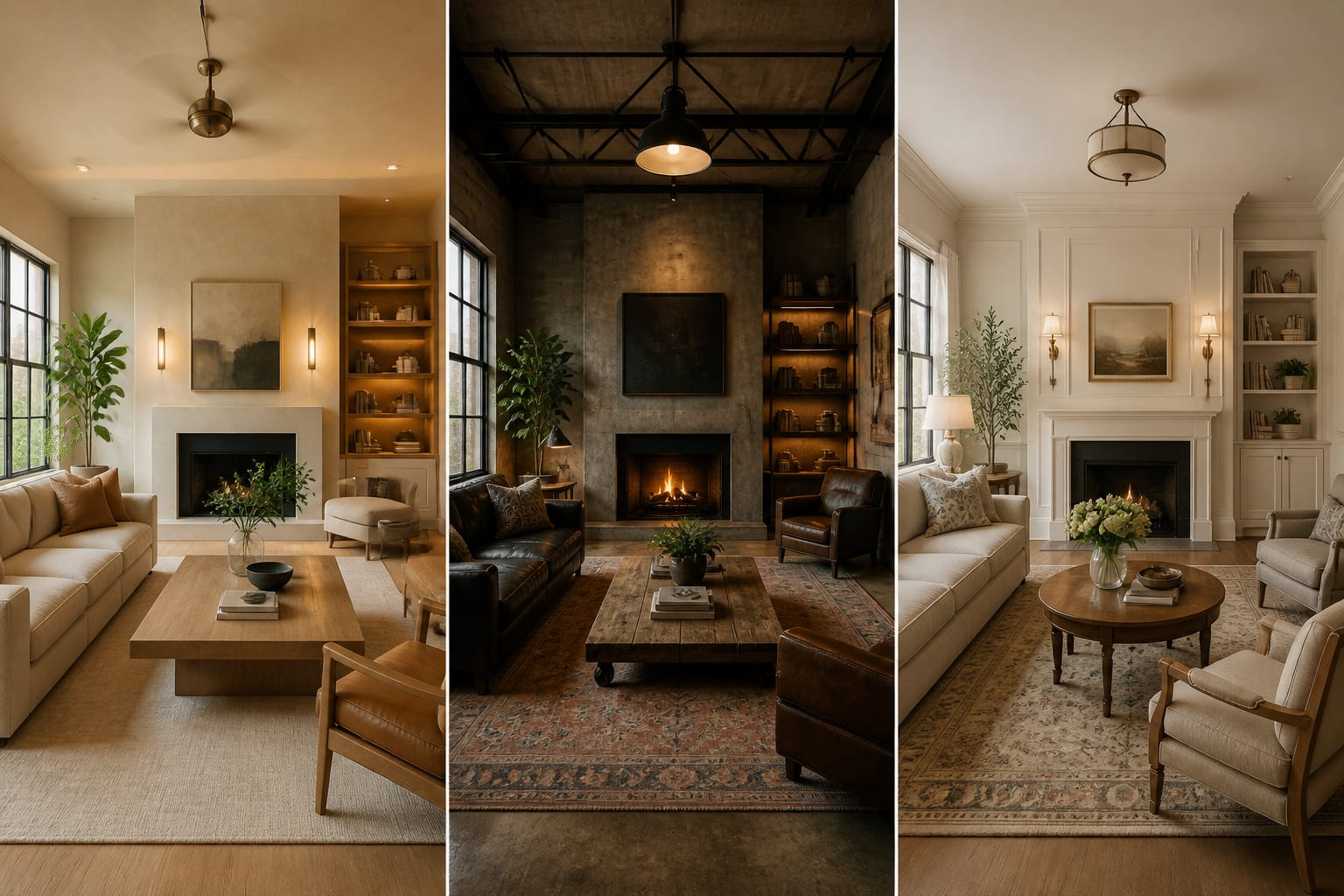 Homestyler comparison board showing the same room in warm modern, industrial, and soft traditional versions