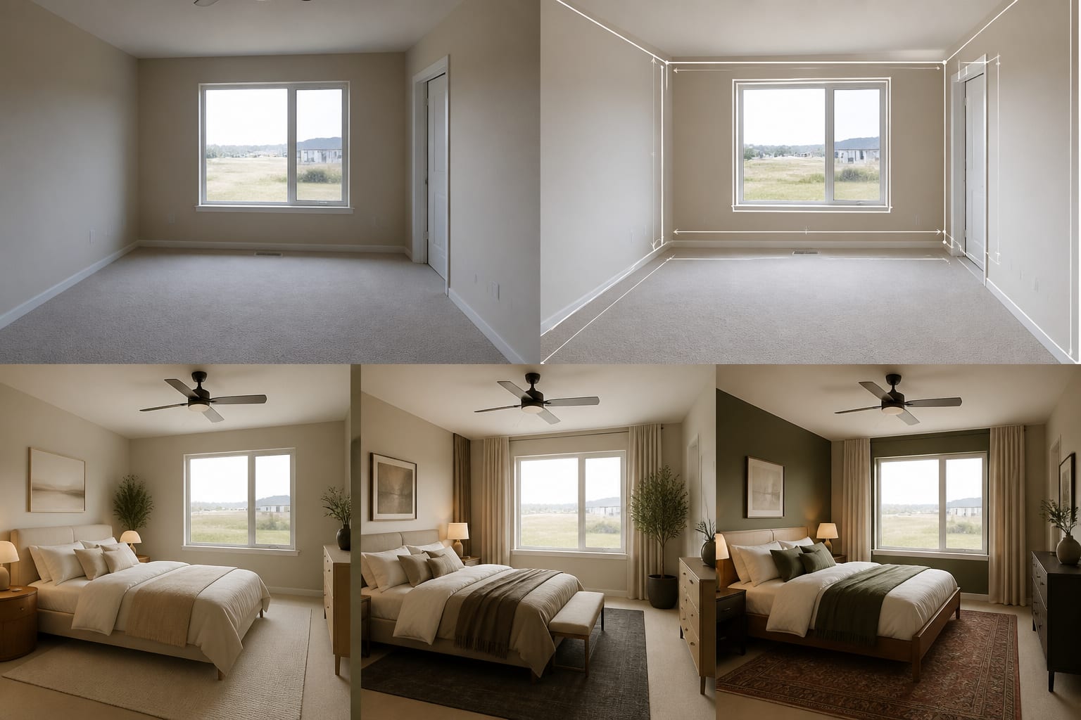 Photo-based AI redesign workflow showing an uploaded bedroom, measured constraints, and three realistic style previews