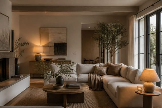 Homestyler AI preview of a warm neutral living room with measured furniture, layered lighting, and realistic window placement