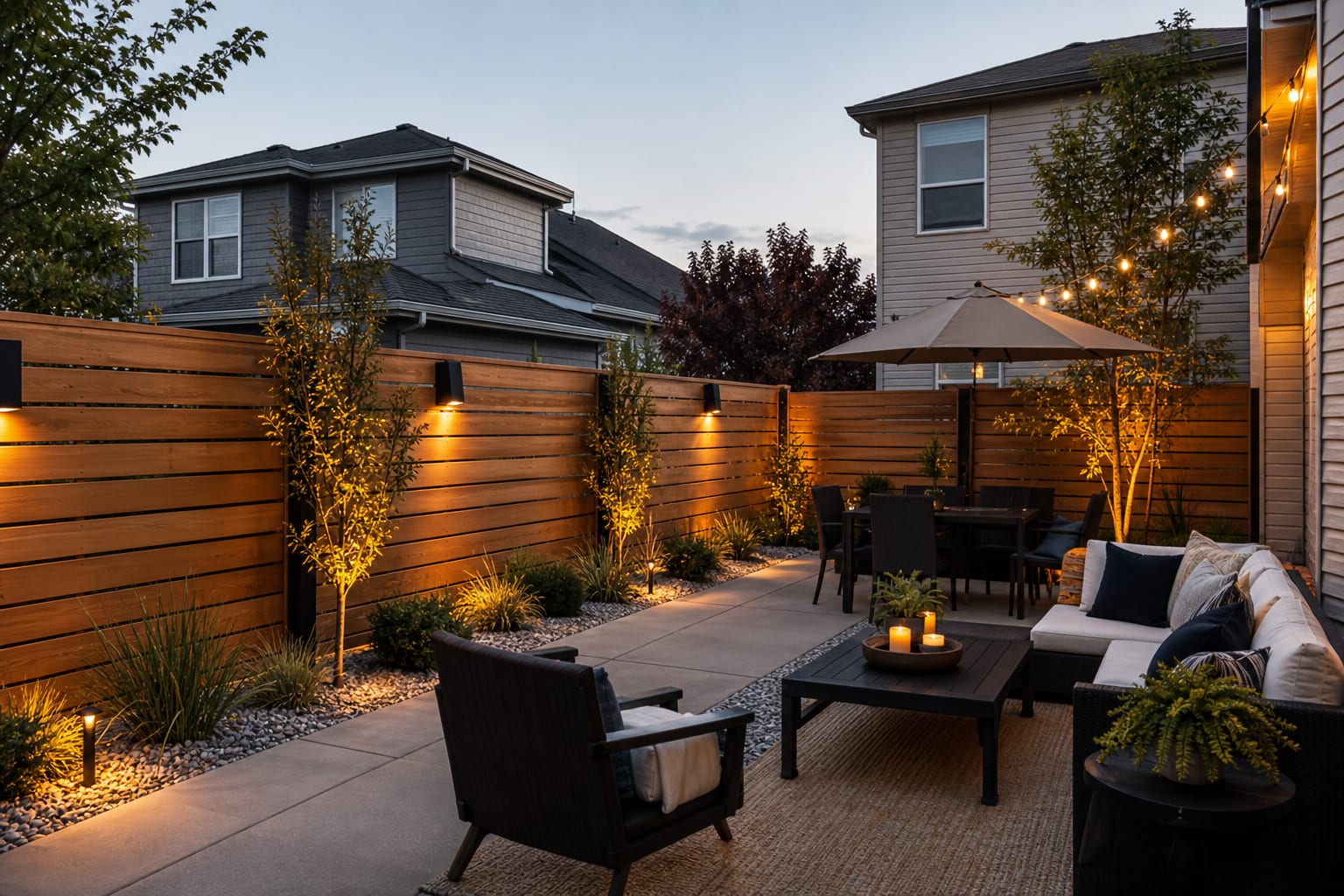 same backyard with modern horizontal cedar fence, aligned slat gaps, gravel planting bed, compact shrubs, and defined lounge seating.