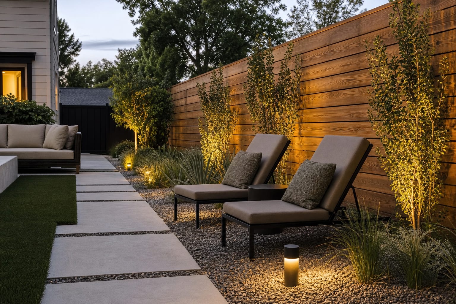 modern backyard with horizontal cedar privacy fence, gravel planting strip, lounge chairs, and soft evening path lighting