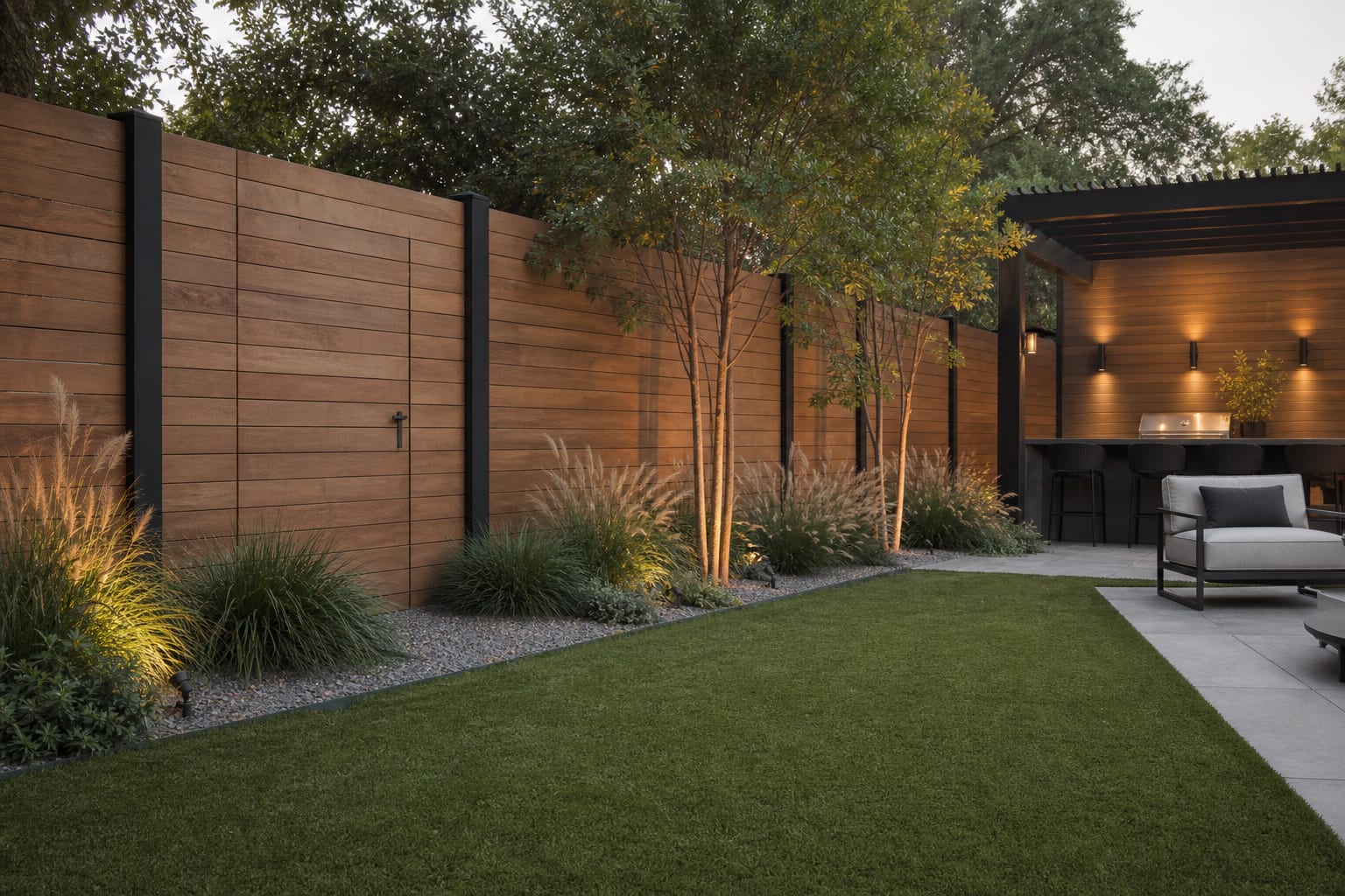 horizontal wood fence with dark posts, gravel border, ornamental grasses, and a concealed matching gate in a modern backyard