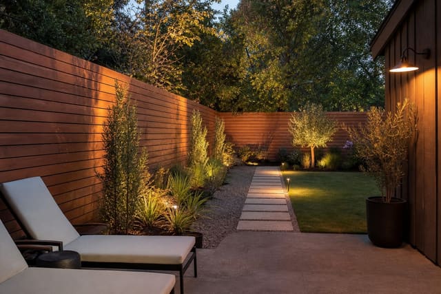 modern backyard with horizontal cedar privacy fence, gravel planting strip, lounge chairs, and soft evening path lighting
