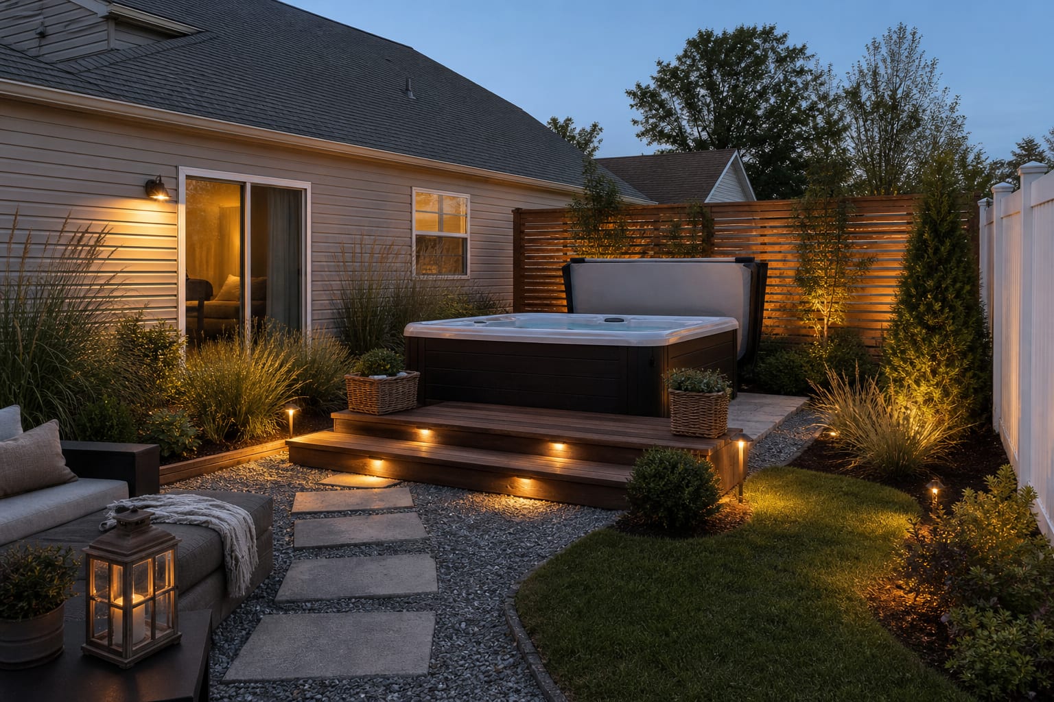 Same backyard angle with hot tub integrated into a cedar platform, gravel path, ornamental grasses, shrubs, and low warm lights.