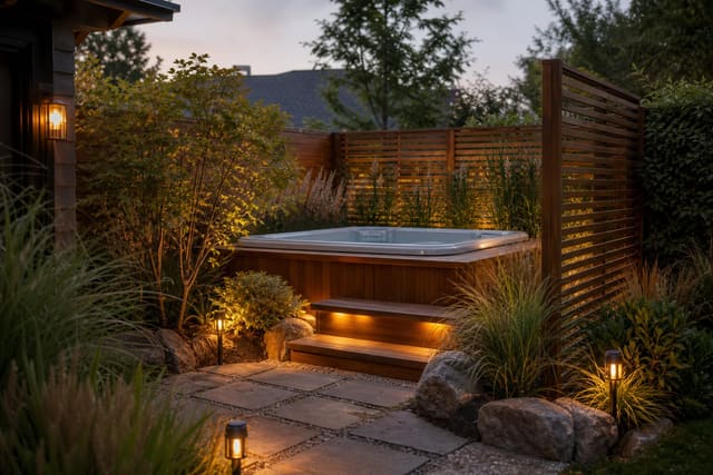 cedar hot tub surround with layered grasses, stone pavers, privacy screens, and warm path lighting in a compact backyard
