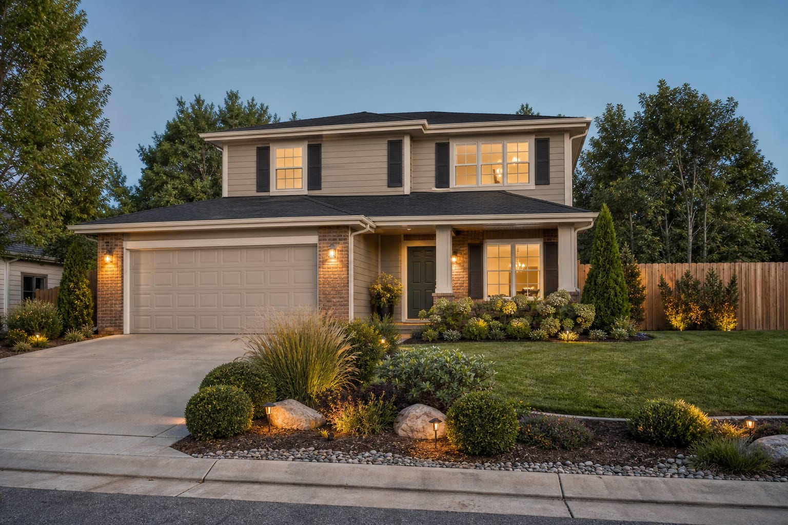 coordinated warm greige house exterior with creamy trim, charcoal shutters, refreshed planting, and a deep green front door