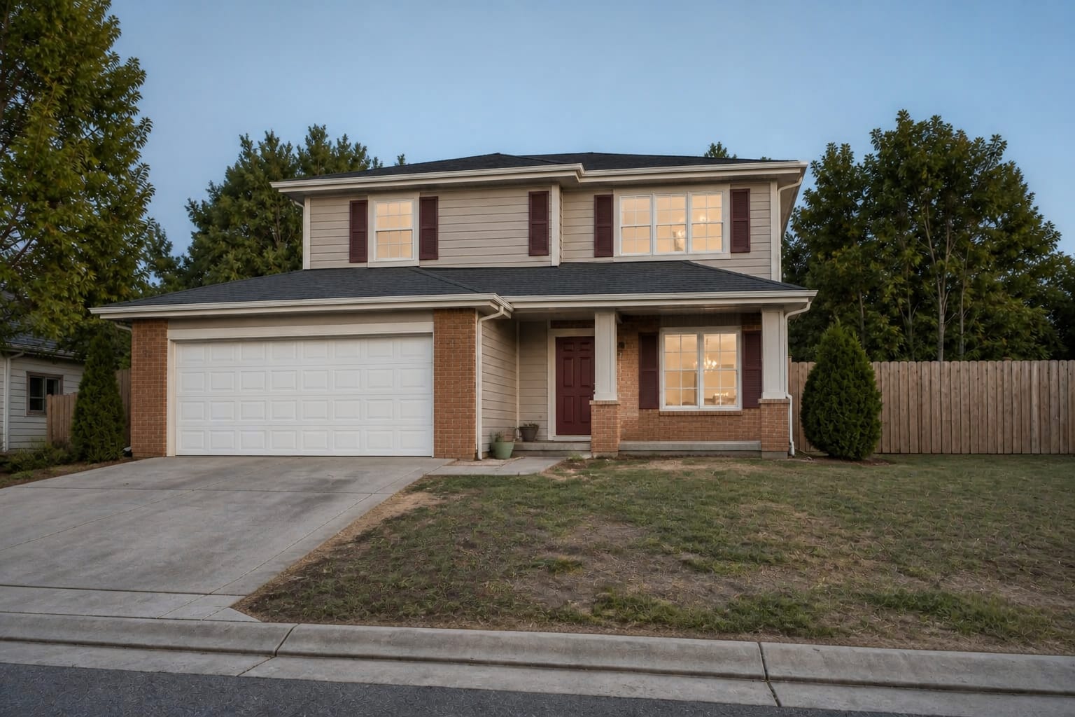 dated beige house exterior with orange brick, white garage door, thin trim, and a faded burgundy front door
