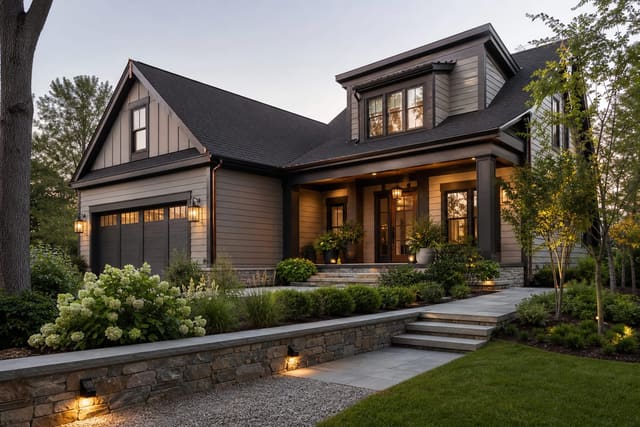 House Exterior Color Ideas: Siding, Trim, and Accent Combos shown as a photorealistic outdoor redesign with layered materials, planting, lighting, and clear circulation