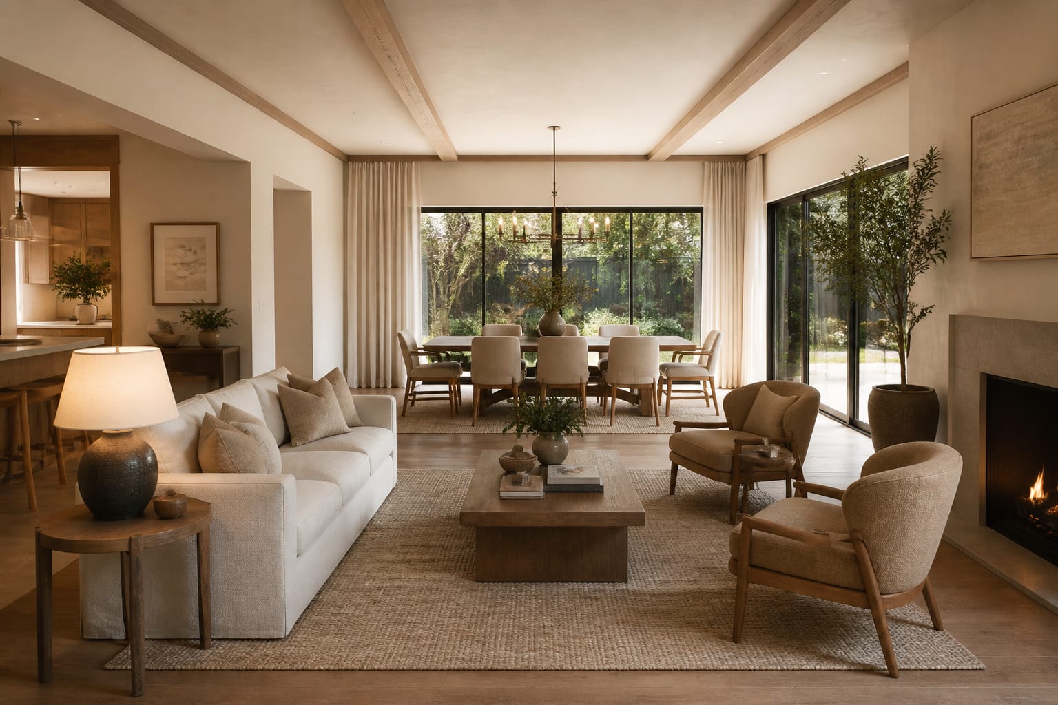 open plan living and dining room shown as an AI redesign preview with warm neutrals, measured seating, and realistic daylight