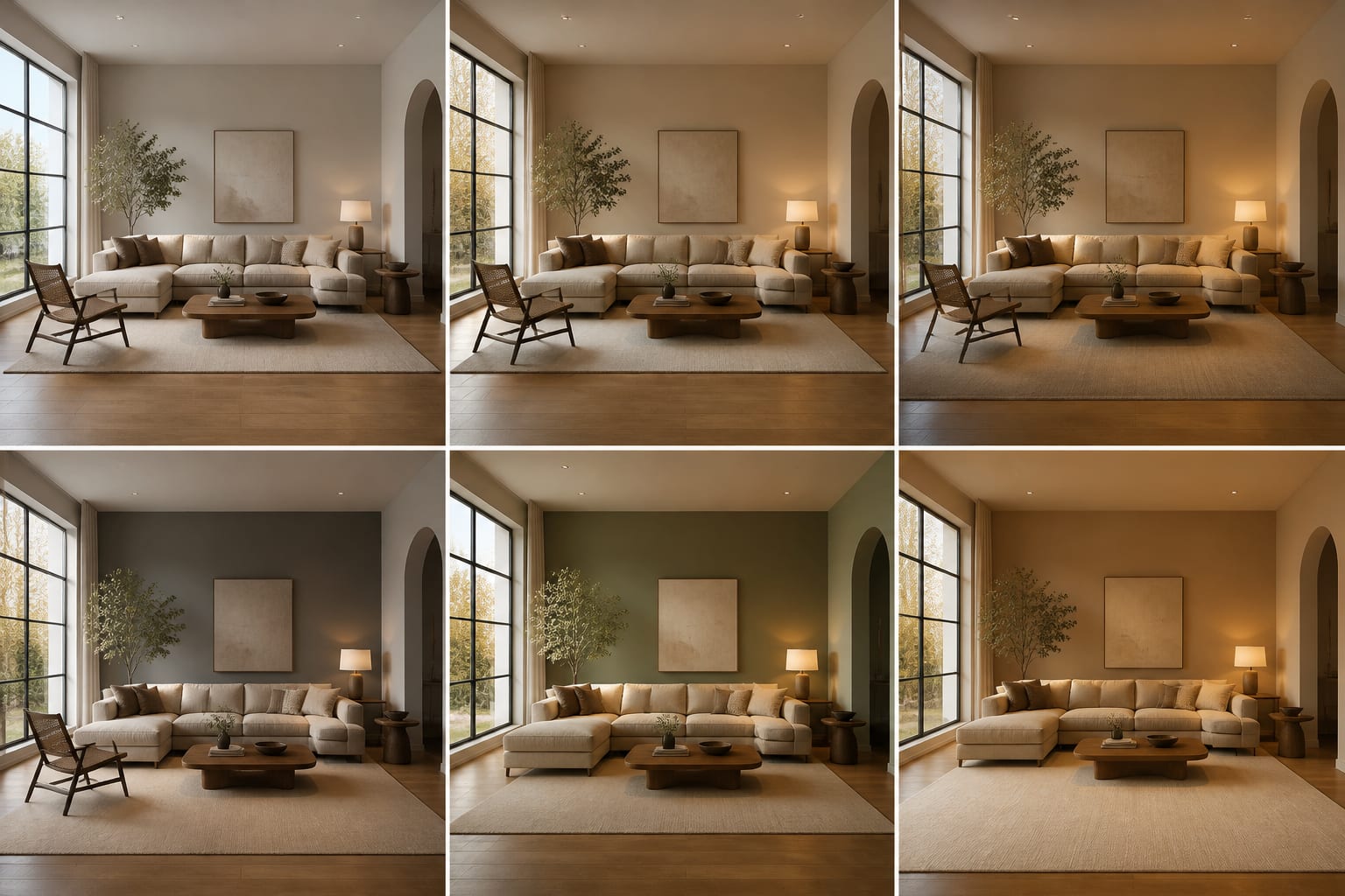 living room render comparison showing the same sofa with different rug sizes, wall colors, and lighting temperatures