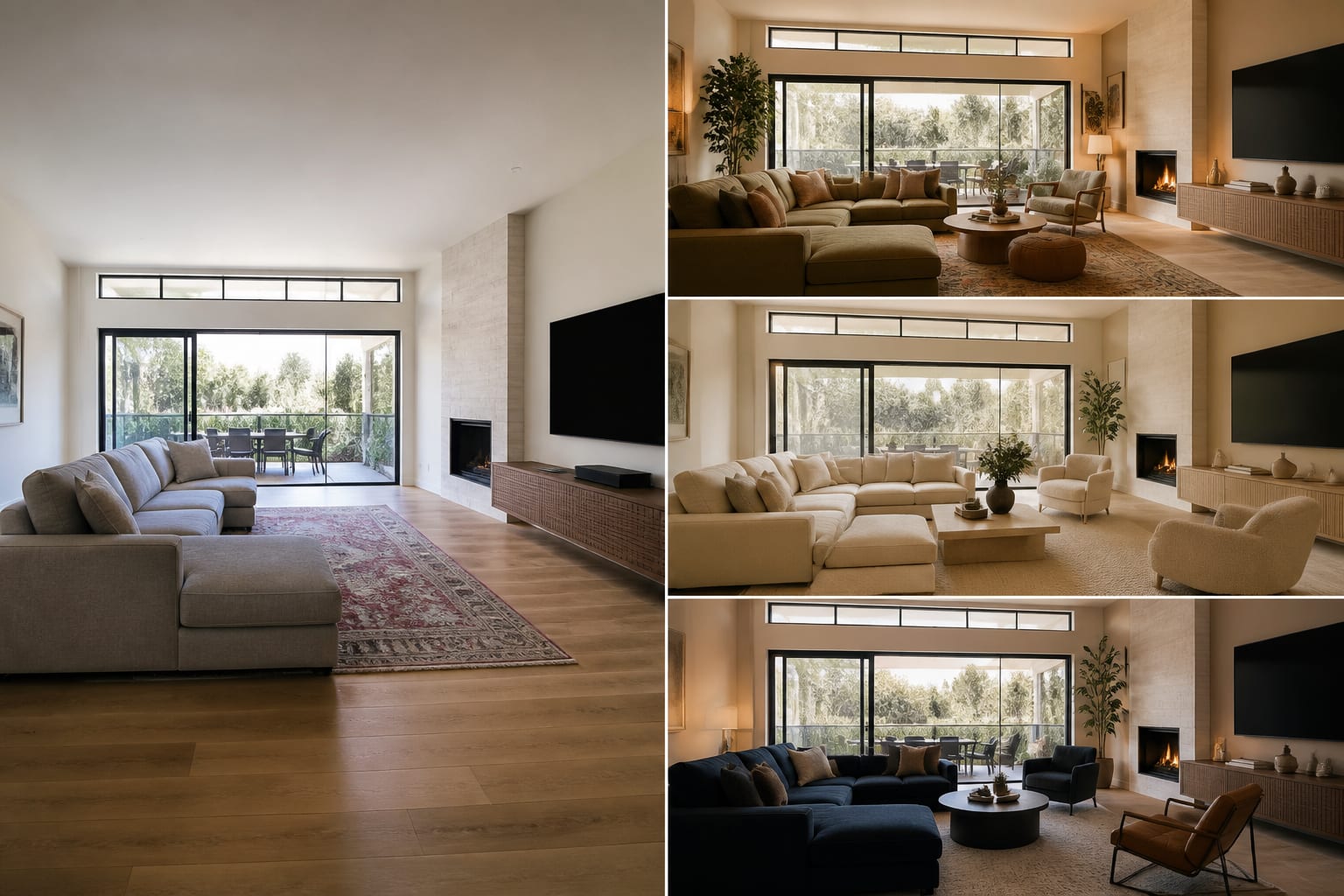 AI room preview workflow showing a real uploaded living room photo beside three grounded redesign directions