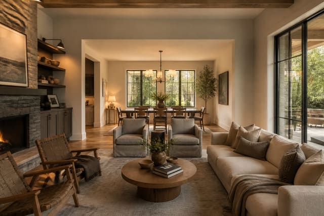 open plan living and dining room shown as an AI redesign preview with warm neutrals, measured seating, and realistic daylight