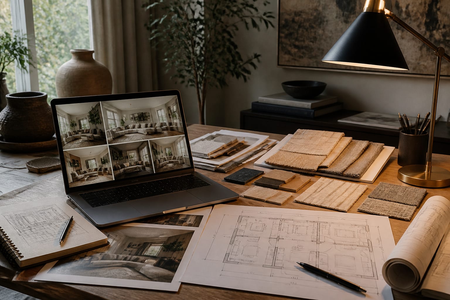 interior design desk with room photos, fabric samples, measured floor plan, laptop showing AI search results, and warm task lighting