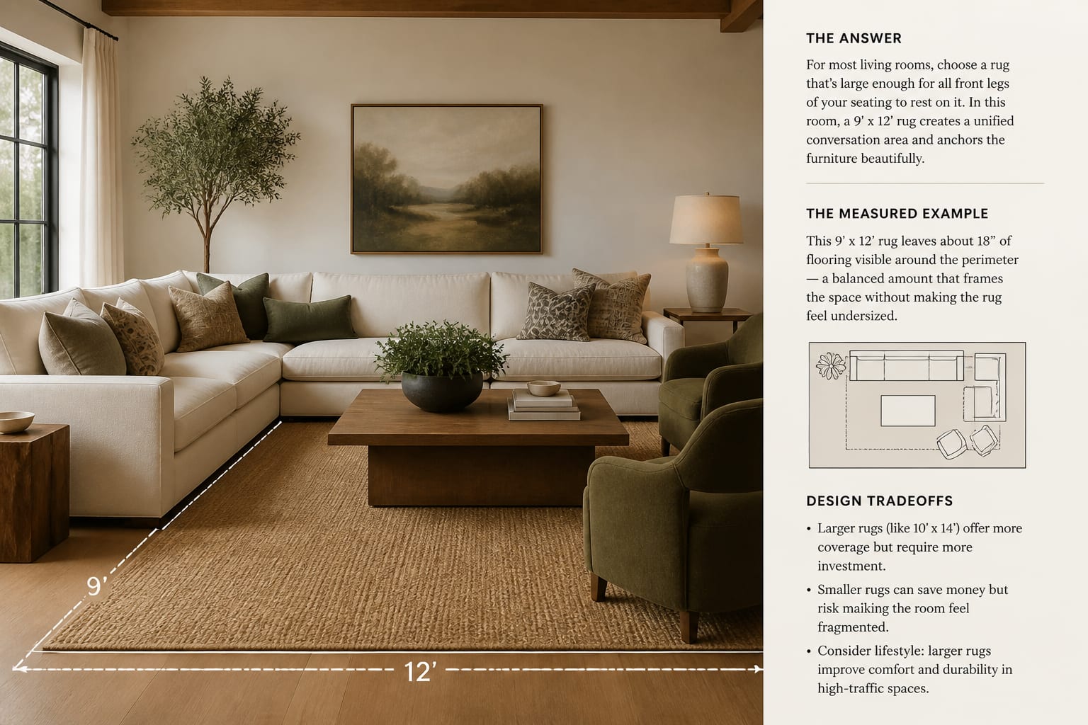 annotated living room article layout showing a clear answer, measured rug example, image caption, and design tradeoff notes