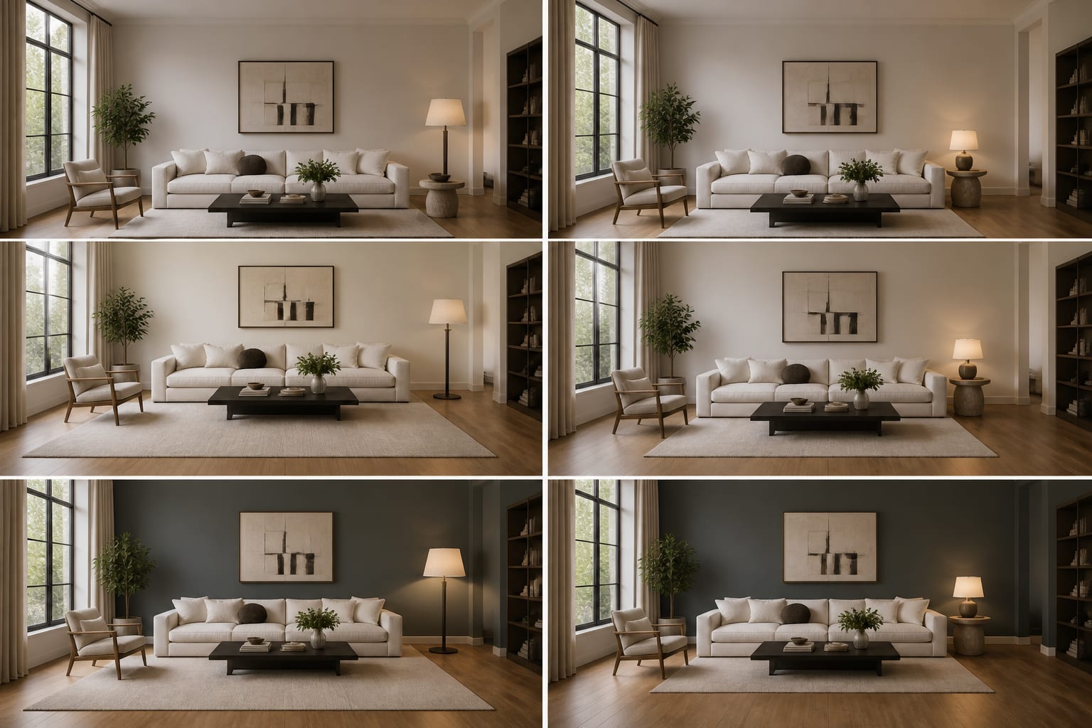 AI interior design preview comparing the same apartment living room with different rug sizes, lamp placement, and wall color options