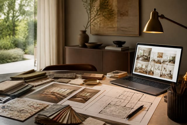 interior design desk with room photos, fabric samples, measured floor plan, laptop showing AI search results, and warm task lighting