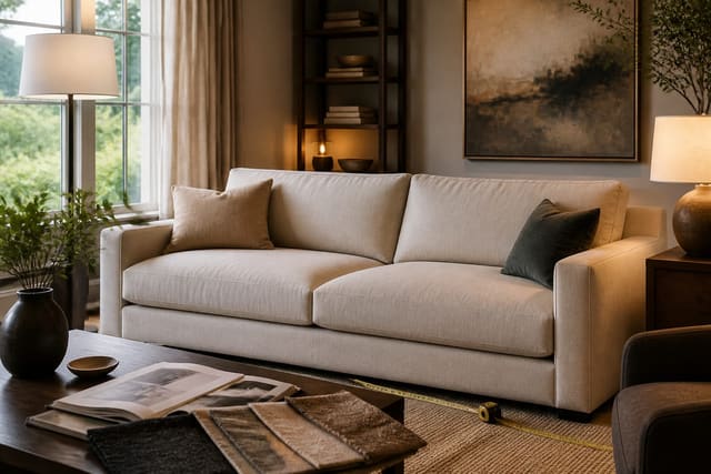 How to Choose a Sofa: The Most Important Purchase in Your Living Room, shown as warm editorial Re-Design photography of a living room centered on a well-scaled sofa with upholstery swatches, measured clearance, and layered side lighting at believable residential scale, no overlaid text, no watermark