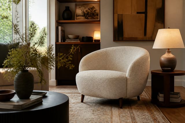How to Choose an Accent Chair: Proportion, Style, and Placement, shown as warm editorial Re-Design photography with believable residential scale, natural light, clear material detail, no overlaid text, no watermark