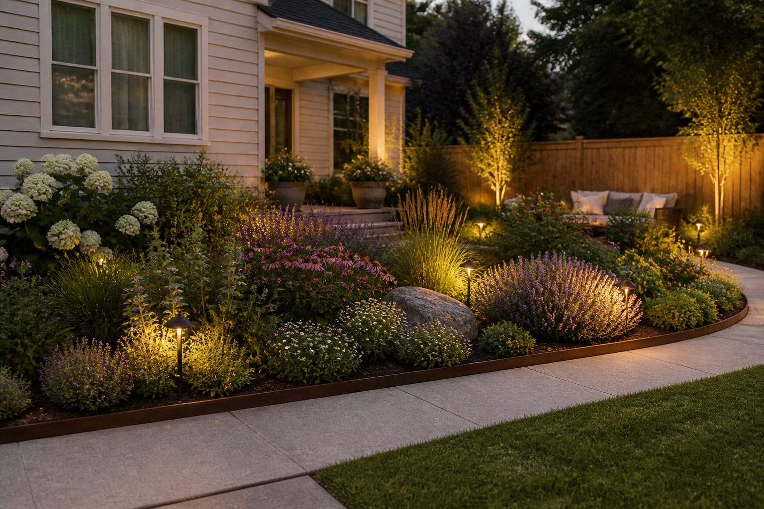 Same bed thriving with well-matched plants suited to its sun and soil after redesign