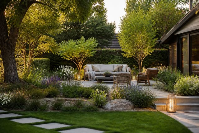 Editorial outdoor residential space illustrating how to choose garden plants: a beginners' framework with warm natural light, realistic planting, hardscape, and furniture scale
