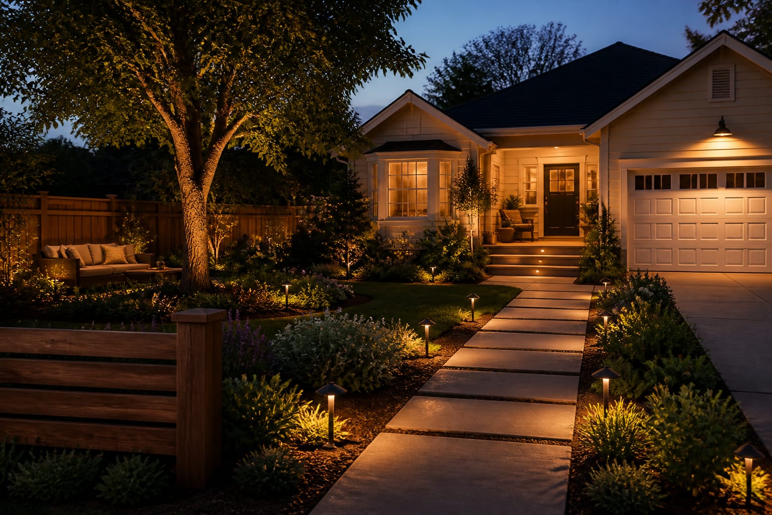 Same front yard at dusk with warm path lights, a grazed tree, and a softly lit entry after lighting redesign
