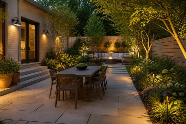 Editorial outdoor residential space illustrating how to choose outdoor lighting: fixtures, placement, and bulb types with warm natural light, realistic planting, hardscape, and furniture scale