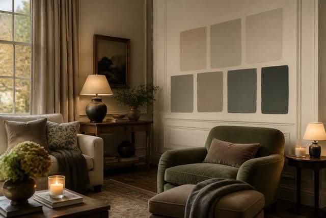 Editorial interior photograph showing paint swatches tested in a real room with furniture, daylight, trim, and warm material samples.