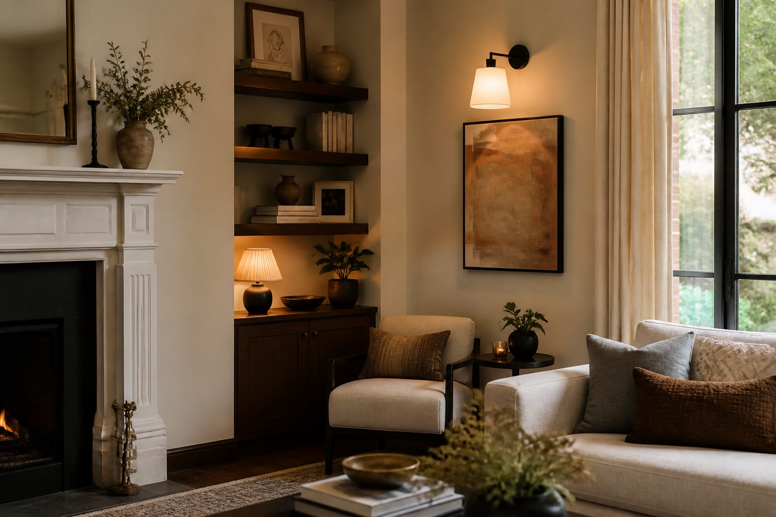 Editorial interior room illustrating how to decorate a corner: making odd spaces feel intentional with warm natural light, layered styling, and realistic residential scale