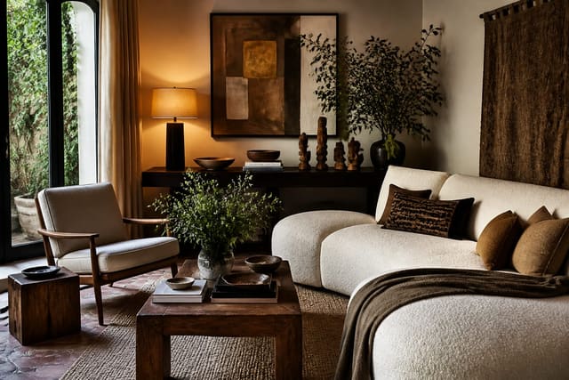Editorial interior photograph showing a styled room moodboard with furniture, fabric, color swatches, and personal decor that reveal a design style.