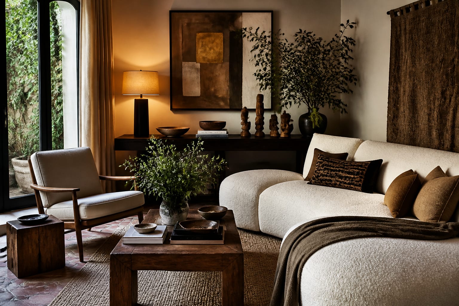Editorial interior photograph showing a styled room moodboard with furniture, fabric, color swatches, and personal decor that reveal a design style.