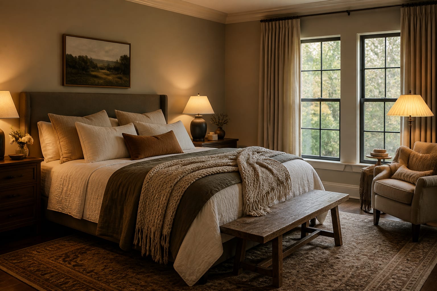 Editorial bedroom illustrating how to layer bedroom textiles for a cozy, lived-in bed with warm natural light, layered styling, and realistic residential scale