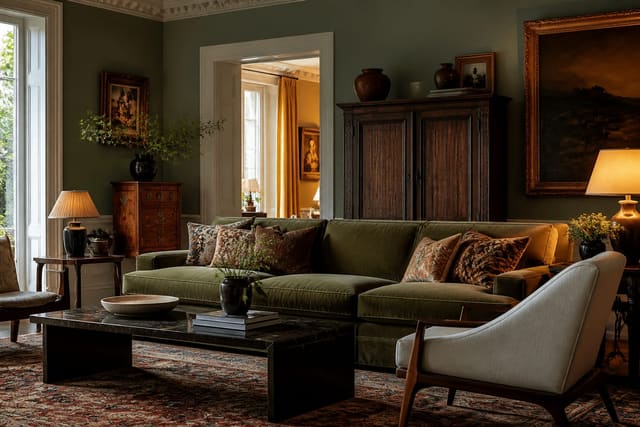 Editorial interior photograph showing mixed design styles with vintage wood, contemporary seating, traditional art, and cohesive color palette.