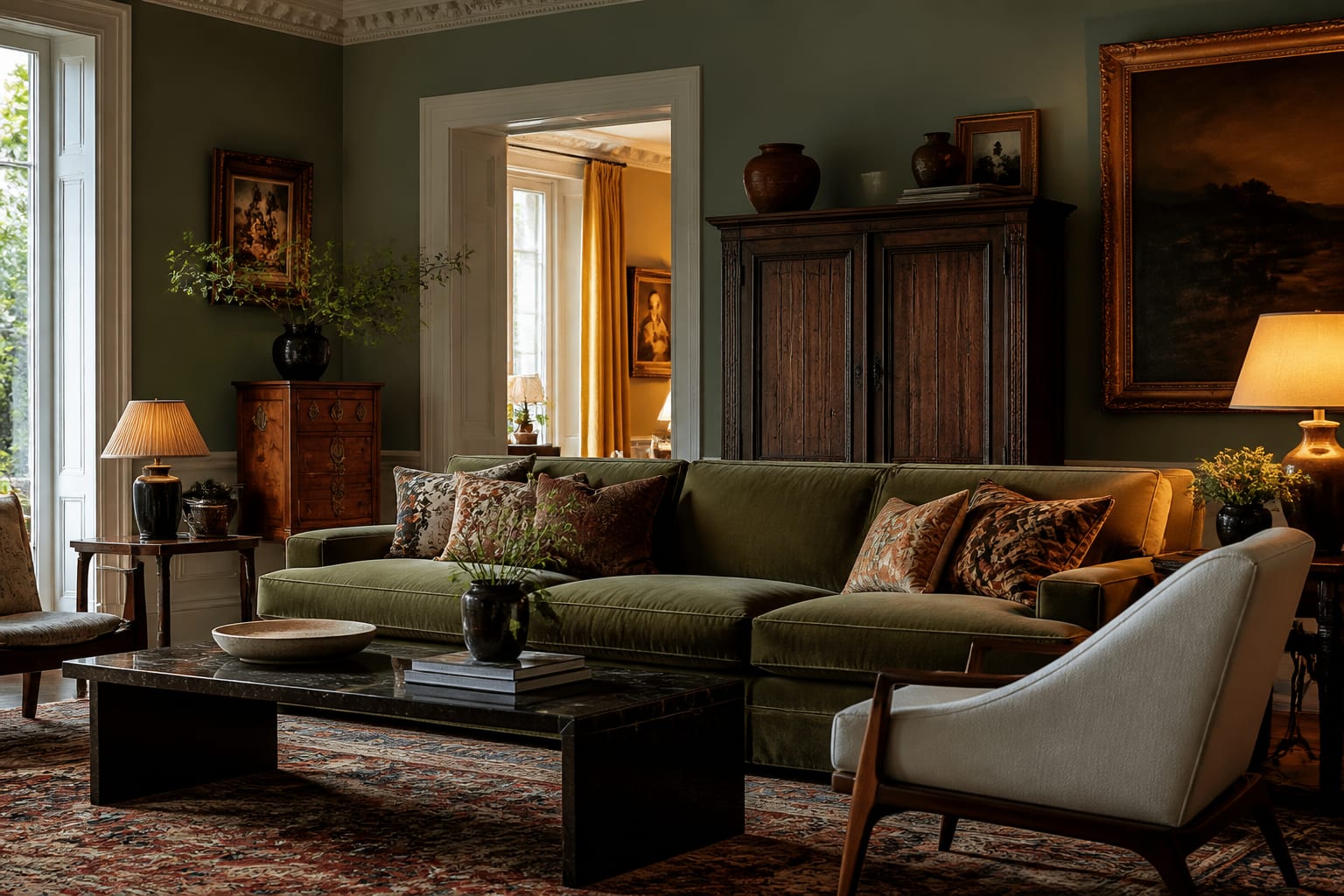 Editorial interior photograph showing mixed design styles with vintage wood, contemporary seating, traditional art, and cohesive color palette.