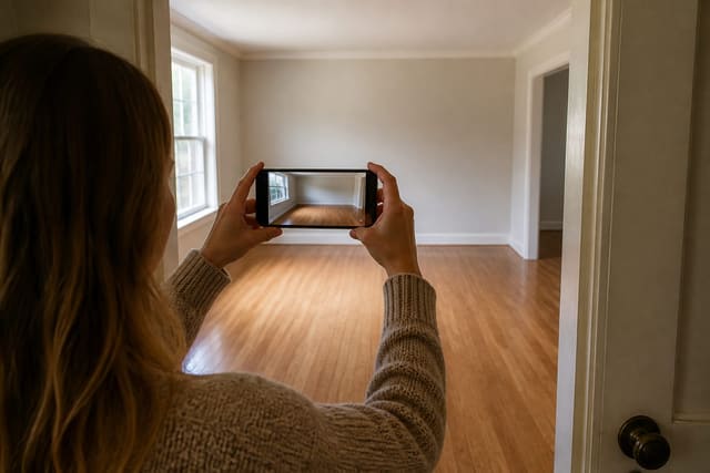 A homeowner standing in a doorway holding a phone level at eye height, the camera framing a residential living room with one full wall, the ceiling line, and the floor visible in shot under even daylight