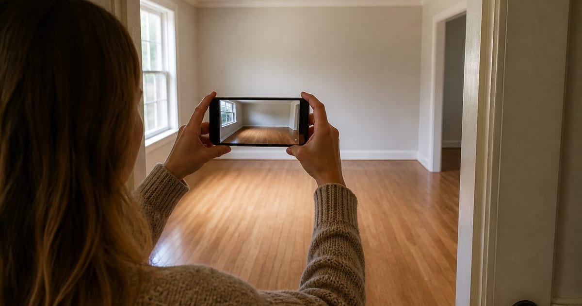 A homeowner standing in a doorway holding a phone level at eye height, the camera framing a residential living room with one full wall, the ceiling line, and the floor visible in shot under even daylight