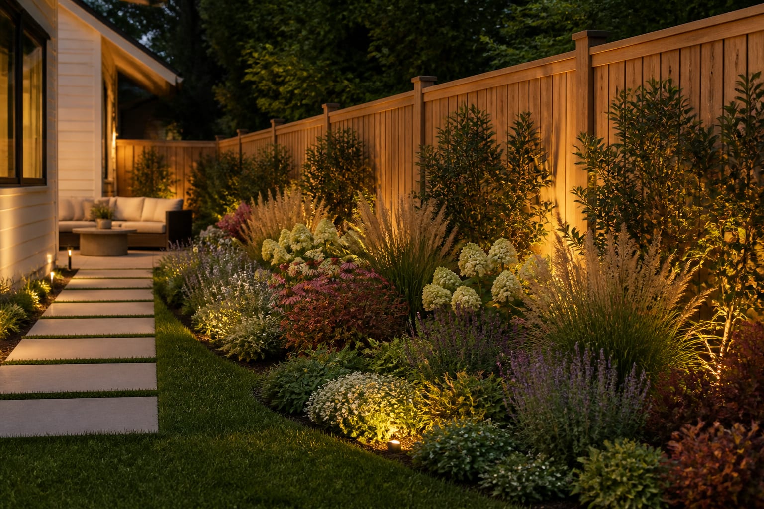 Same bed planted as a layered mixed border with shrubs, perennial drifts, and grasses after redesign