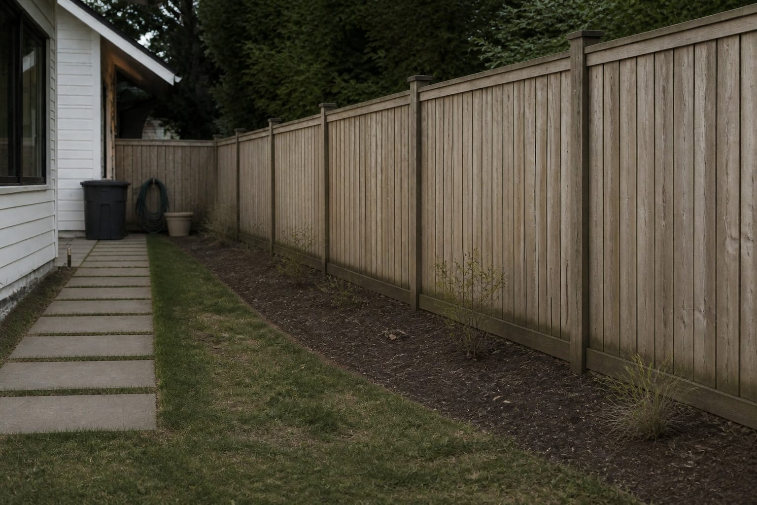 Empty narrow bed of bare soil along a fence with a few struggling plants before mixed border planting