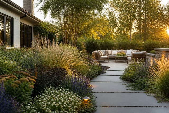Editorial outdoor residential space illustrating how to plant a mixed border: year-round color and structure with warm natural light, realistic planting, hardscape, and furniture scale