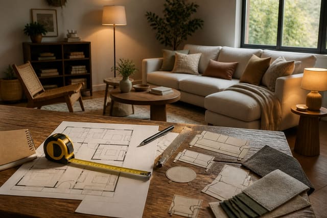 How to Read Room Measurements and Plan a Space to Scale, shown as warm editorial Re-Design photography of a room-planning scene with a tape measure, floor plan sketch, furniture templates, and a visible living room corner at believable residential scale, no overlaid text, no watermark