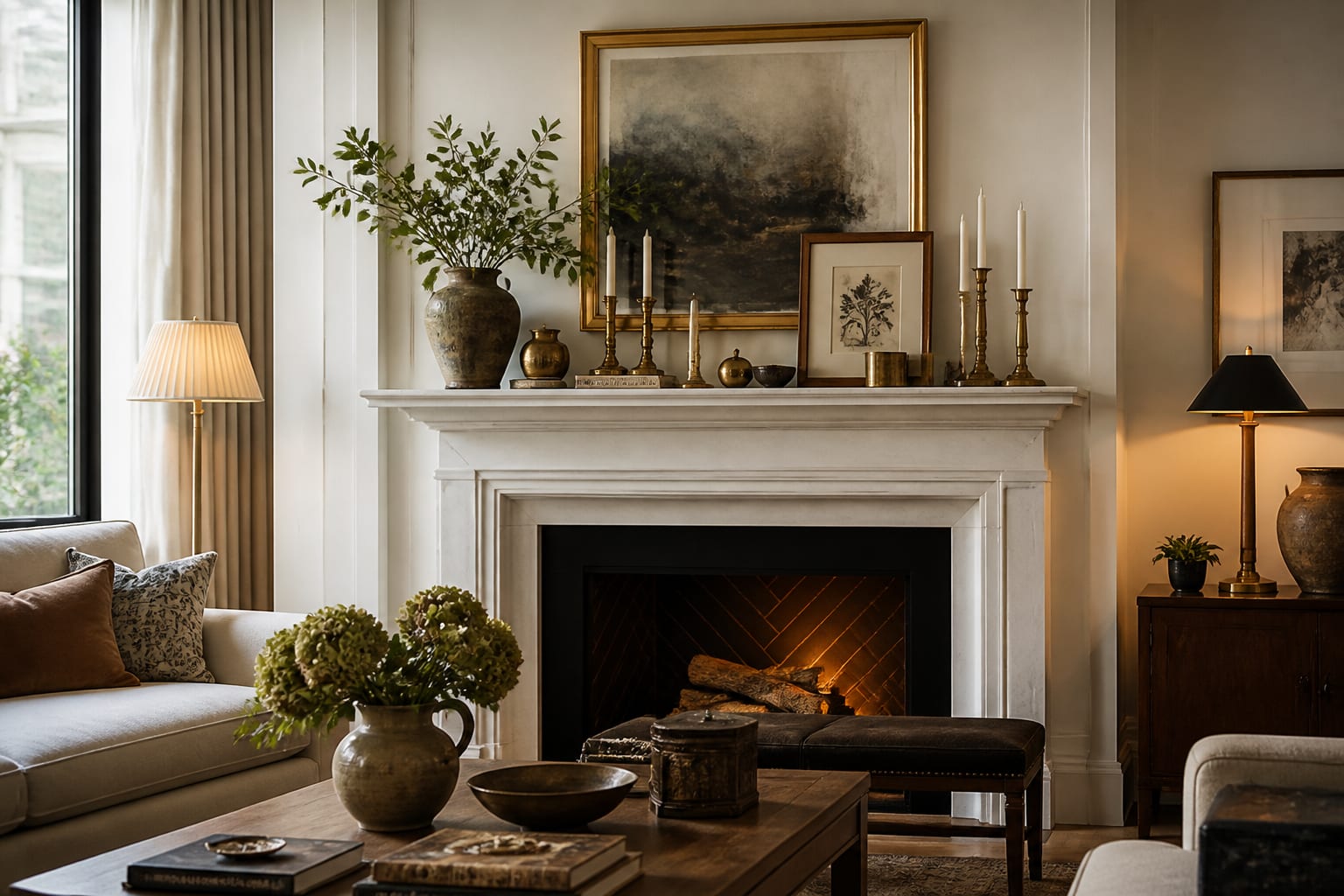 How to Style a Mantelpiece: The Art of the Curated Shelf, shown as warm editorial Re-Design photography of a styled fireplace mantel with layered art, varied brass and ceramic objects, and clear breathing room at believable residential scale, no overlaid text, no watermark