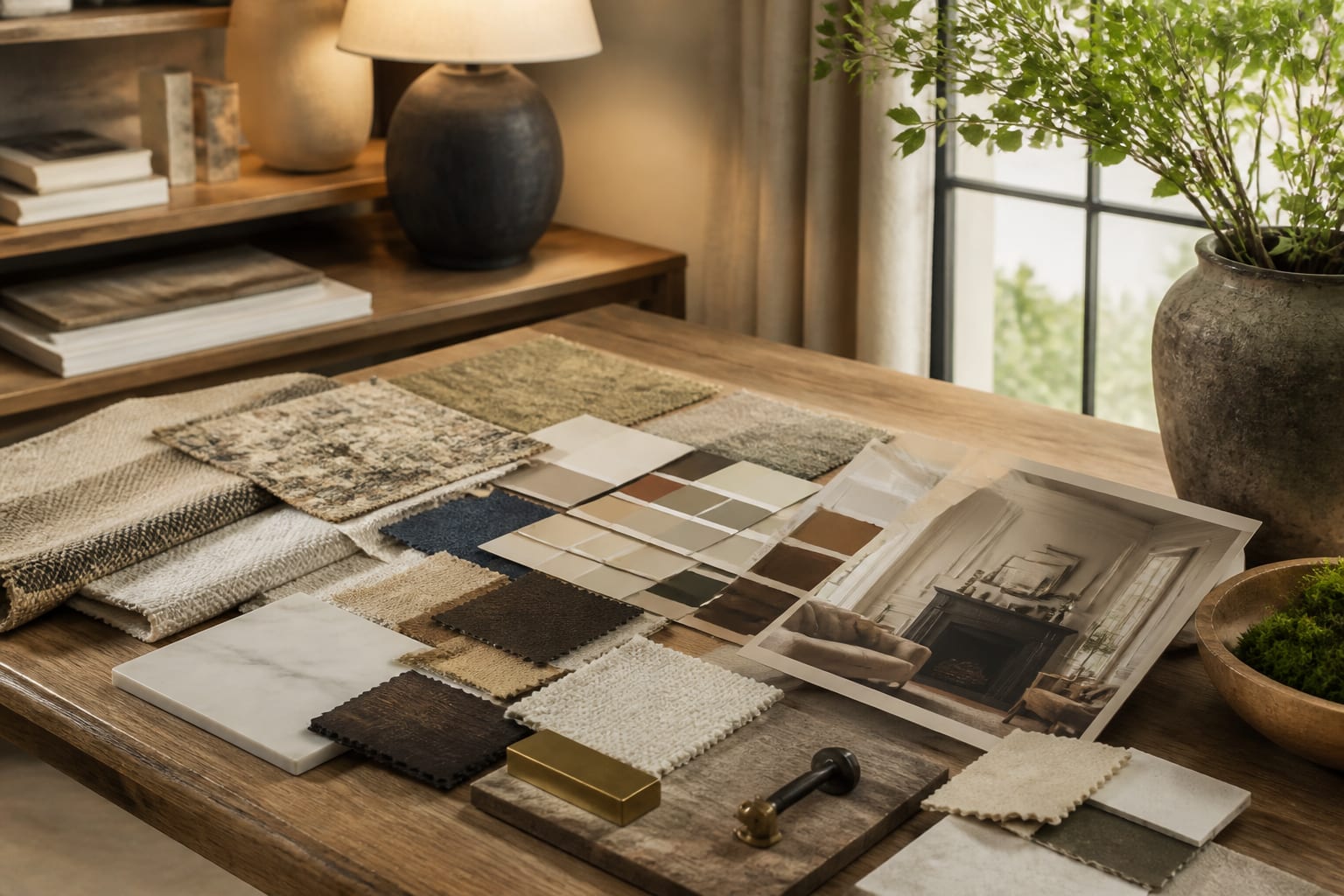 How to Use a Mood Board for Interior Design, shown as warm editorial Re-Design photography of an interior design mood board table with fabric swatches, paint cards, material samples, and a room photo at believable residential scale, no overlaid text, no watermark