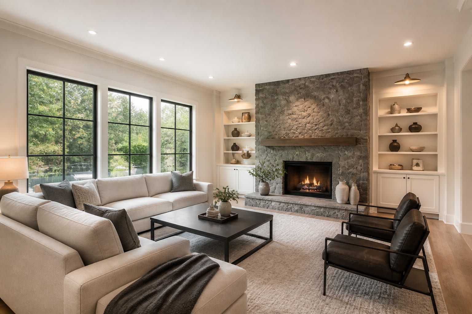 living room photo being prepared for an AI redesign prompt with visible windows, sofa, rug, and fixed fireplace wall