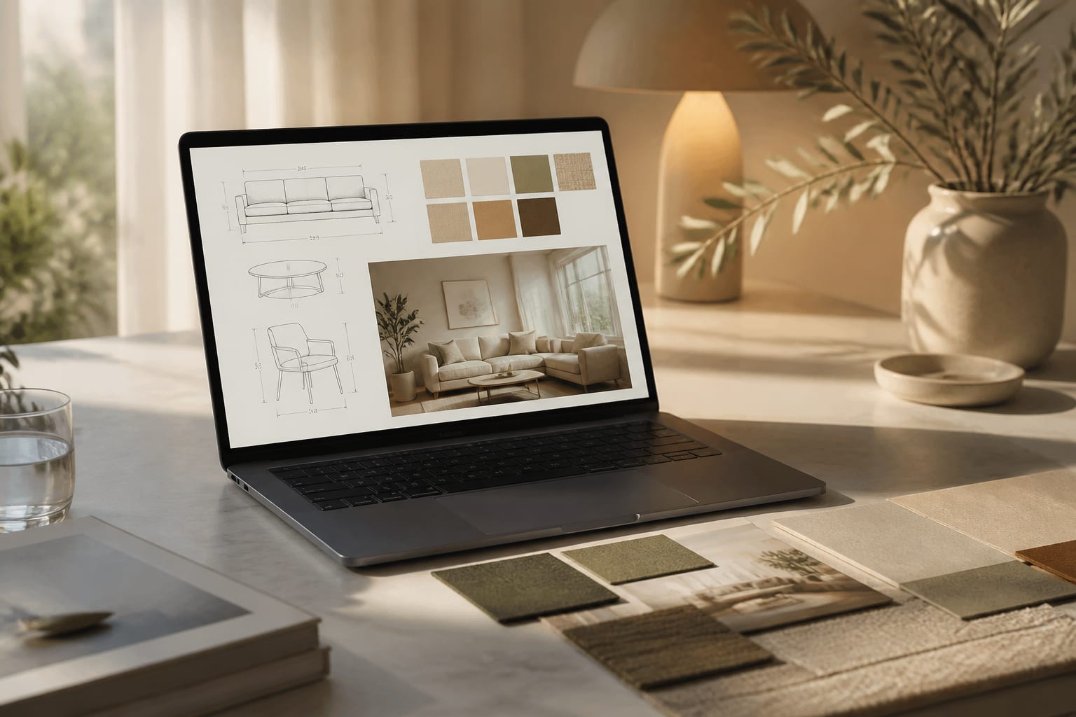 AI interior design prompt notes beside a laptop showing furniture measurements, color swatches, and a room photo upload